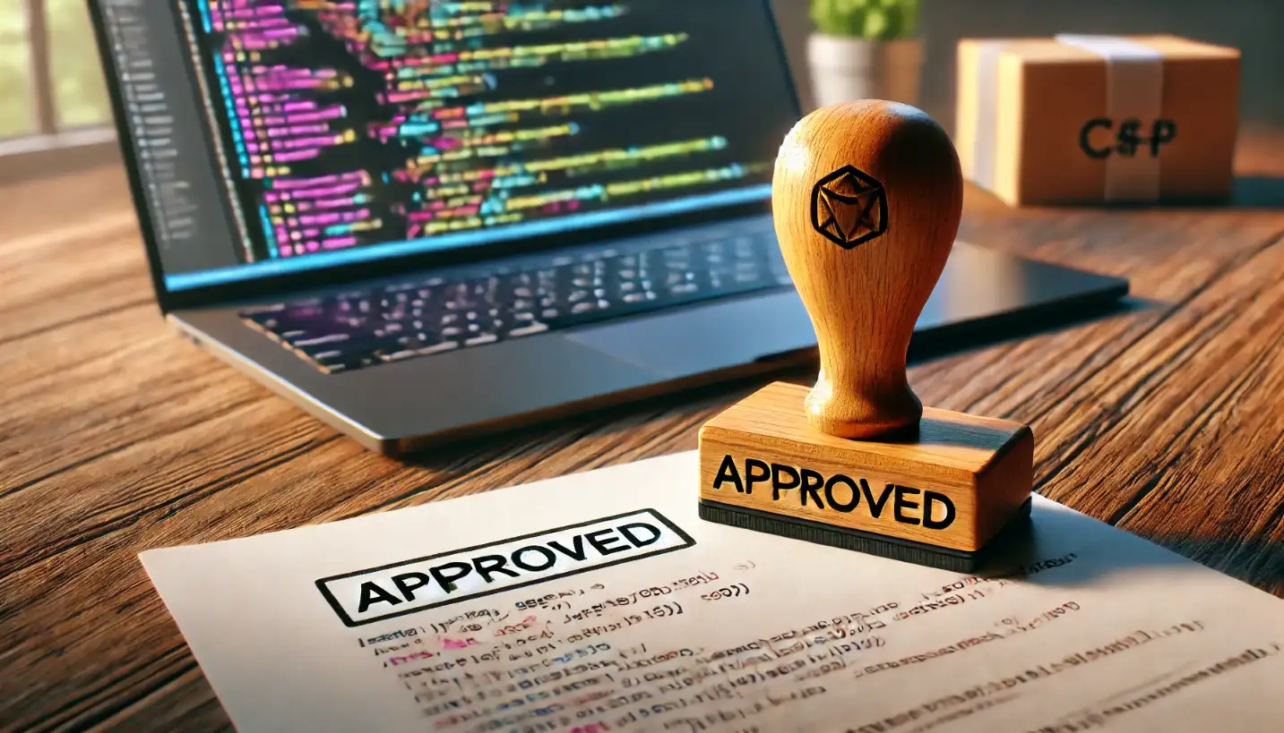 Timbro in legno con la scritta APPROVED posato su un foglio di codice, con un laptop sullo sfondo, che trasmette un messaggio di approvazione e affidabilità